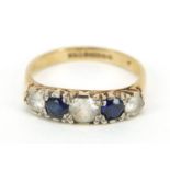 9ct gold blue and white sapphire five stone ring, size M, 2.4g