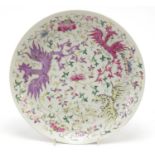 Good Chinese porcelain footed plate finely hand painted in the famille rose palette with phoenixes