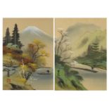 Rivers before mountains, pair of Chinese watercolours on silk with character marks and red seal