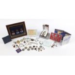 Coinage and costume jewellery including a 19th century gilt metal mounted mourning brooch and