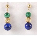 Pair of 9ct gold malachite and lapis lazuli drop earrings, 26mm high, 3.6g