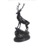 Large patinated bronze stag raised on a shaped marble base, 75cm high