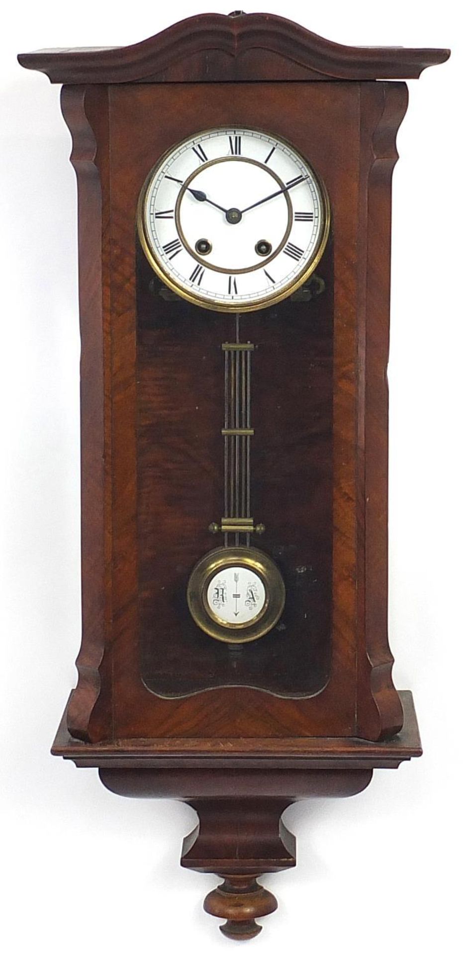 Mahogany wall clock with enamelled dial having Roman numerals, 76cm high