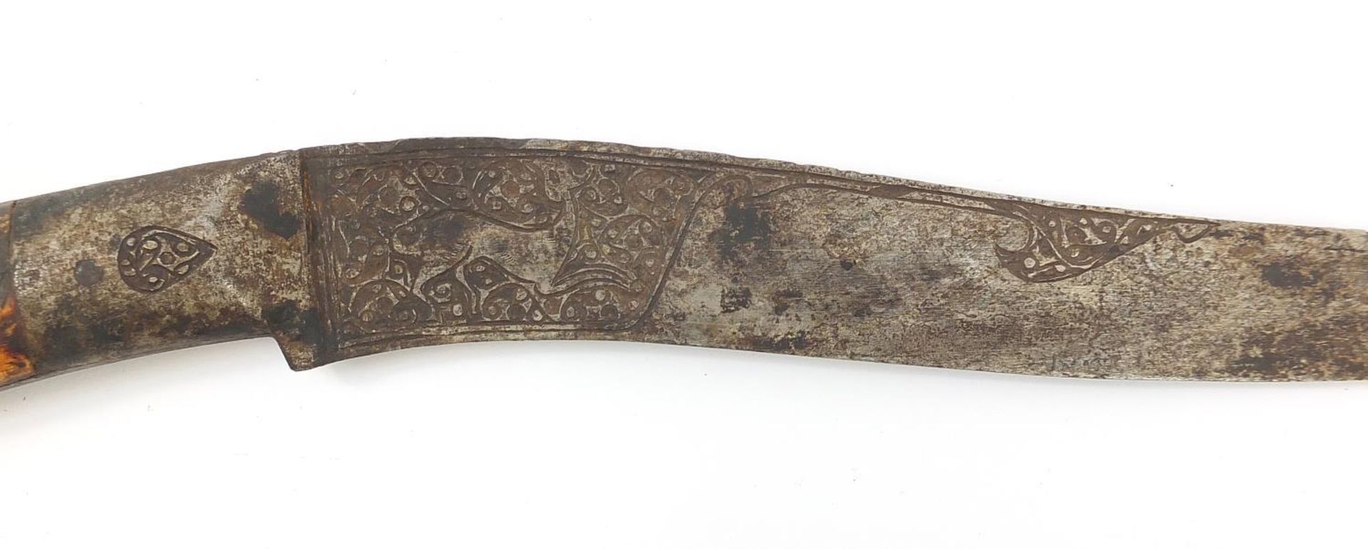 Afghan Pesh-kabz dagger with bone handle and steel blade engraved with a wild animal amongst - Image 4 of 4