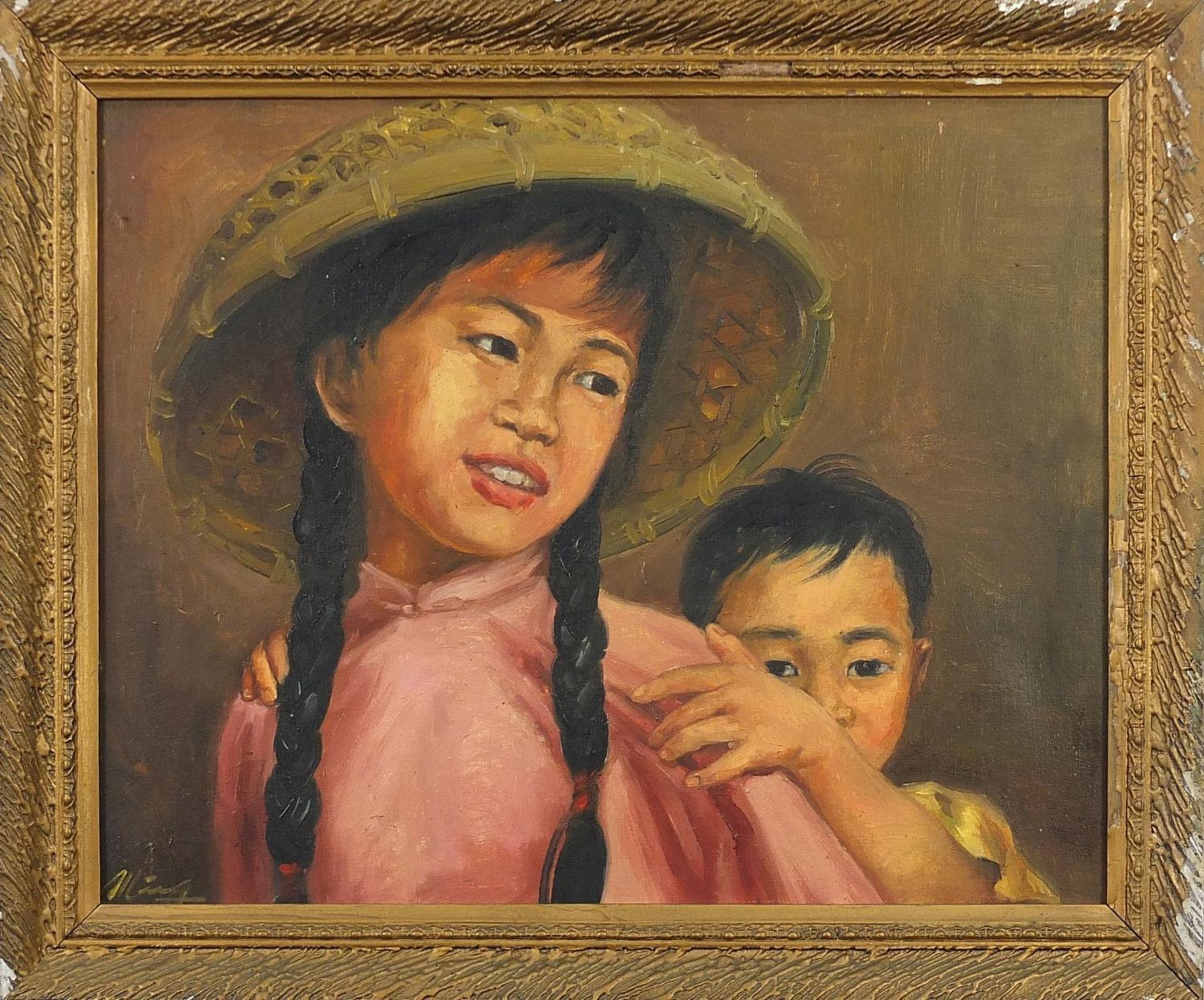 Ming - Portrait of two Chinese children and a harbour, two Asian school oil on canvasses, mounted - Image 3 of 9