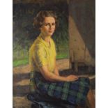 Madge Y Mitchell - Portrait of a seated girl in a kilt, signed oil on canvas, mounted and framed,