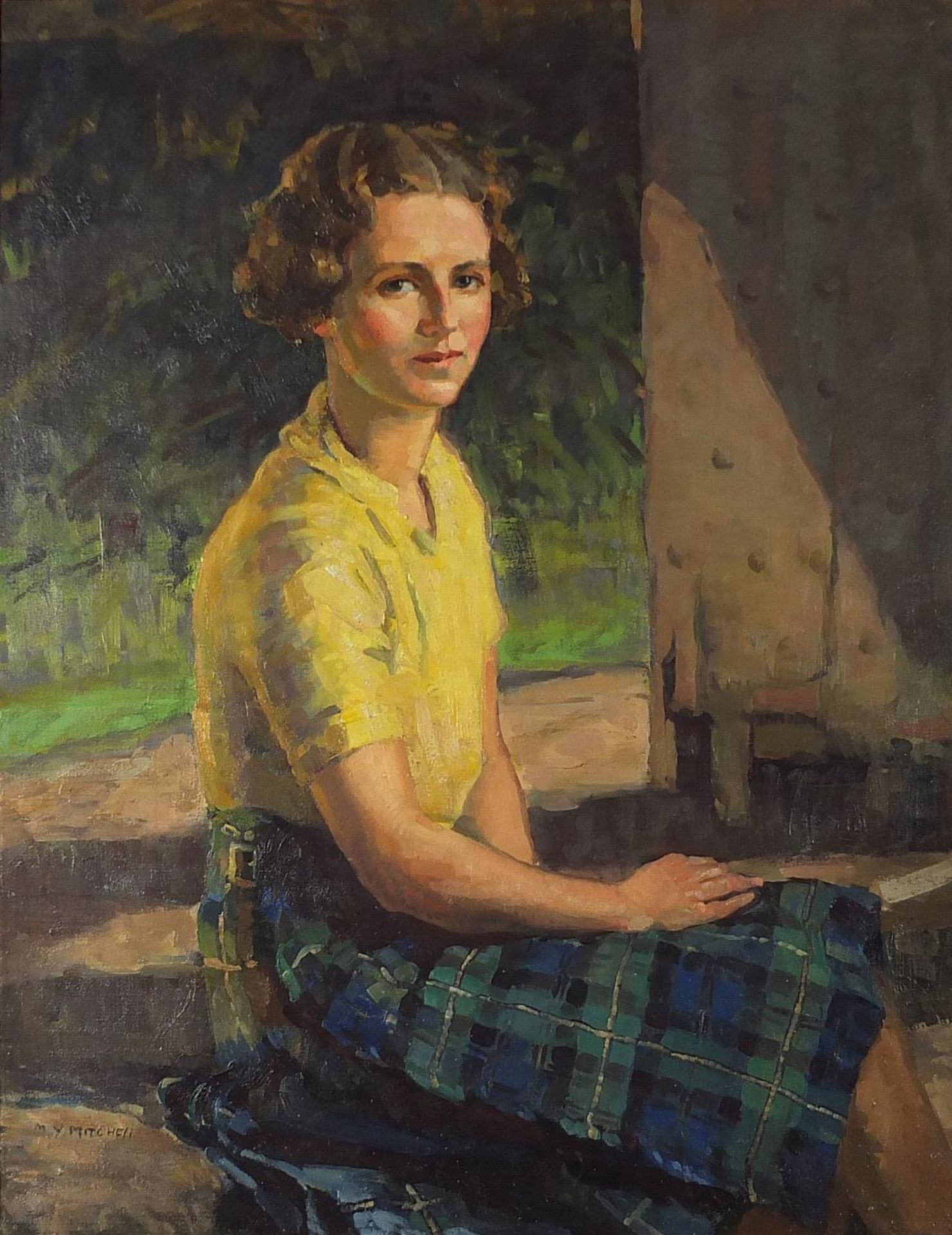 Madge Y Mitchell - Portrait of a seated girl in a kilt, signed oil on canvas, mounted and framed,