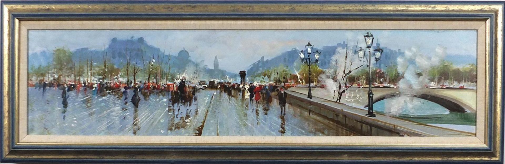 Panoramic Parisian street scene beside a river, French Impressionist oil on canvas, mounted and - Image 2 of 3