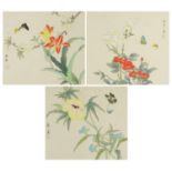 Butterflies amongst flowers, three Chinese watercolours on silk, each with character marks and red