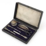 19th century silver plated six piece vanity tool set housed in a velvet and silk lined fitted case