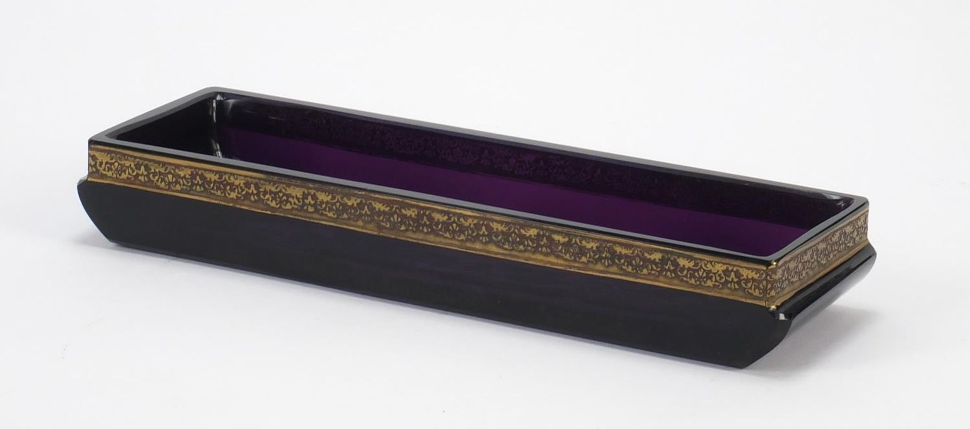 Moser, Bohemian amethyst glass dish with gilt floral border, 24cm wide - Image 2 of 3