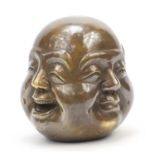Chinese patinated bronze four Buddha paperweight, character marks to the base, 11.5cm high