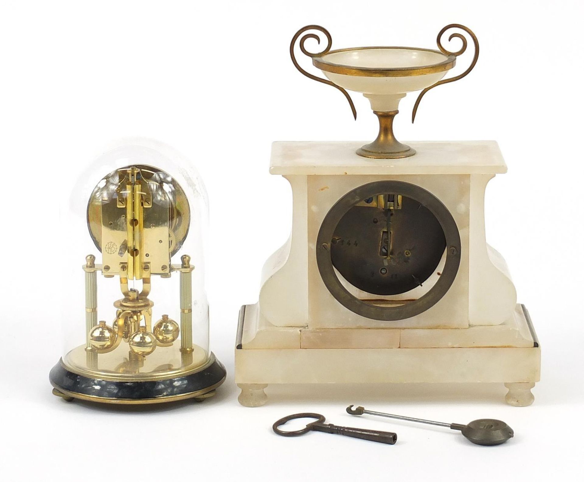 German brass anniversary clock and alabaster mantle clock with enamel dial, the largest 25.5cm high - Image 3 of 6