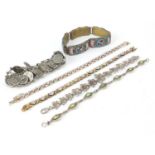 Costume jewellery including four silver bracelets and a micro mosaic bracelet