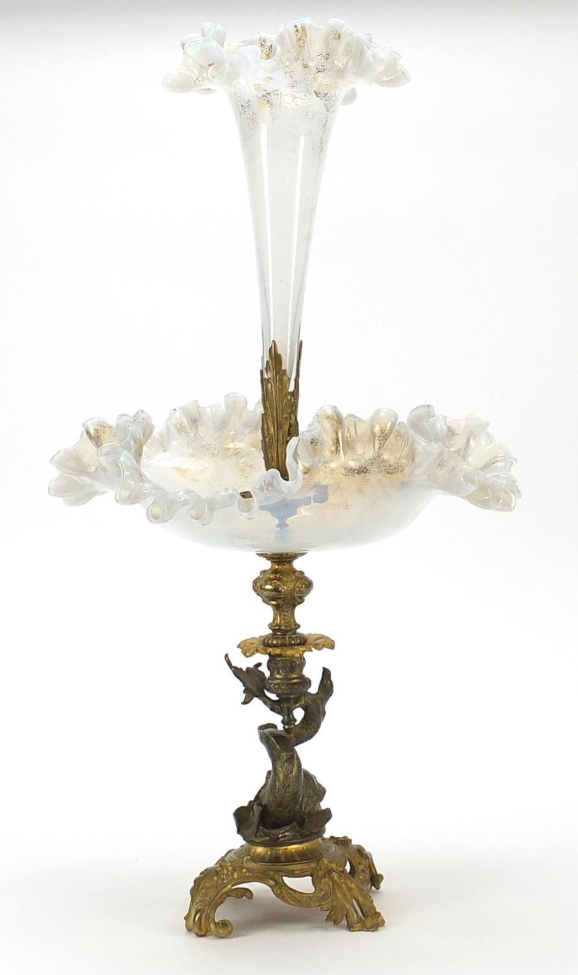19th century opaline glass and gilt bronze dolphin centrepiece with frilled glass flute, 56cm high - Image 4 of 6