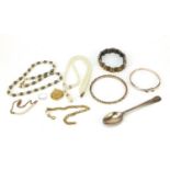 Costume jewellery including a silver hinged bangle, silver love heart ring, simulated pearls and