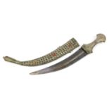 Traditional Yemen silver coloured metal dagger set with three carnelian cabochons, 57.5cm in length