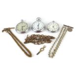 Two Smith's open face pocket watches and one other with a selection of watch chains