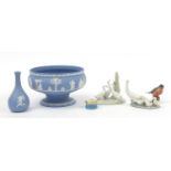 Collectable china including Wedgwood Jasperware, Halcyon Days enamelled box, Lladro and Beswick