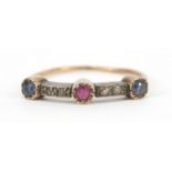 Unmarked gold diamond, ruby and sapphire ring, possibly medieval size K, 1.0g