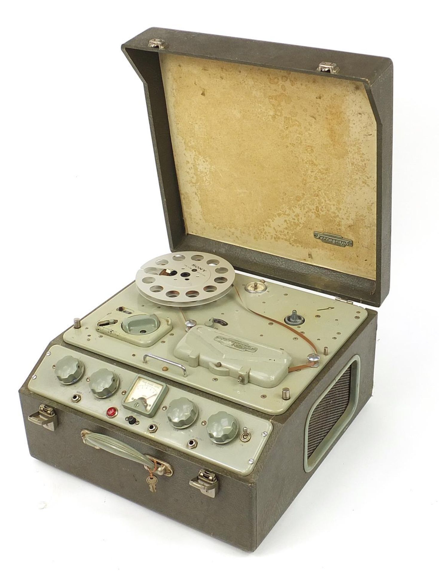 Vintage Ferrograph reel to reel tape recorder, 24.5cm H x 44cm W x 43.5cm deep when closed