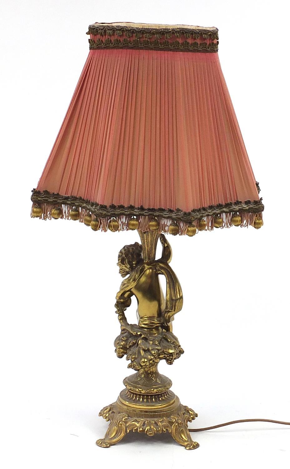 Ornate gilt metal Putti design table lamp with silk lined shade, 71cm high - Image 6 of 8