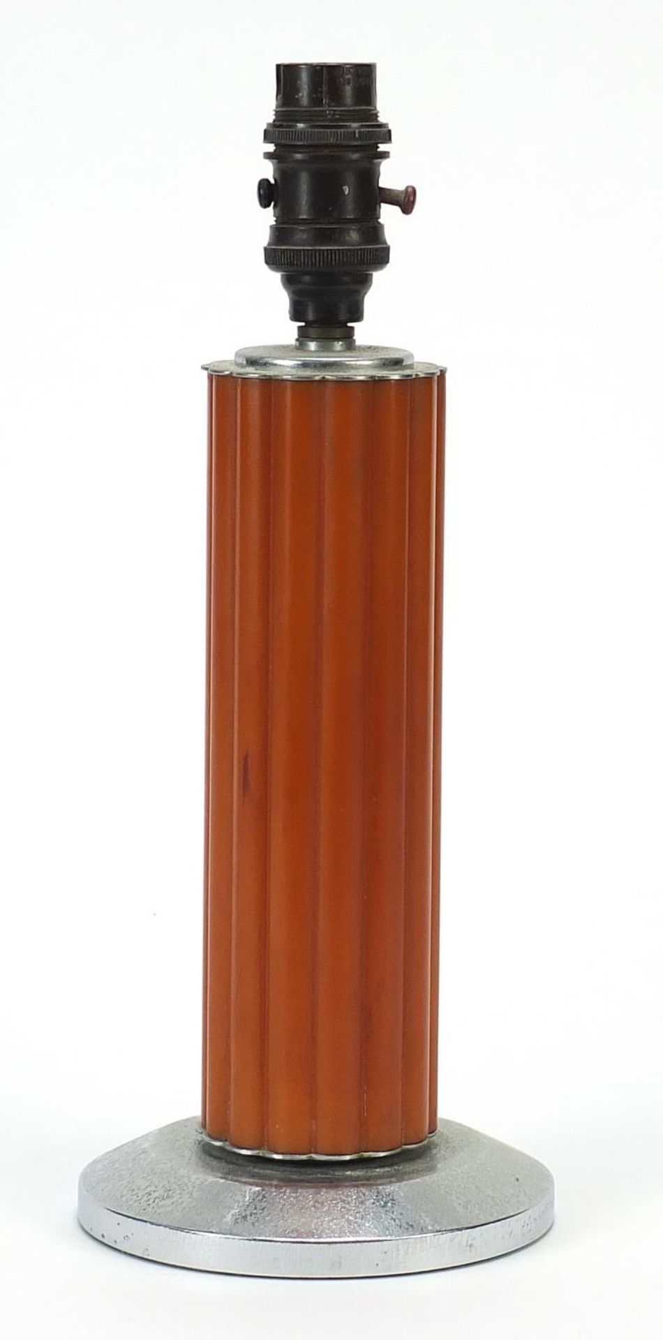 Art Deco chrome and amber coloured Bakelite lamp, 31cm high :