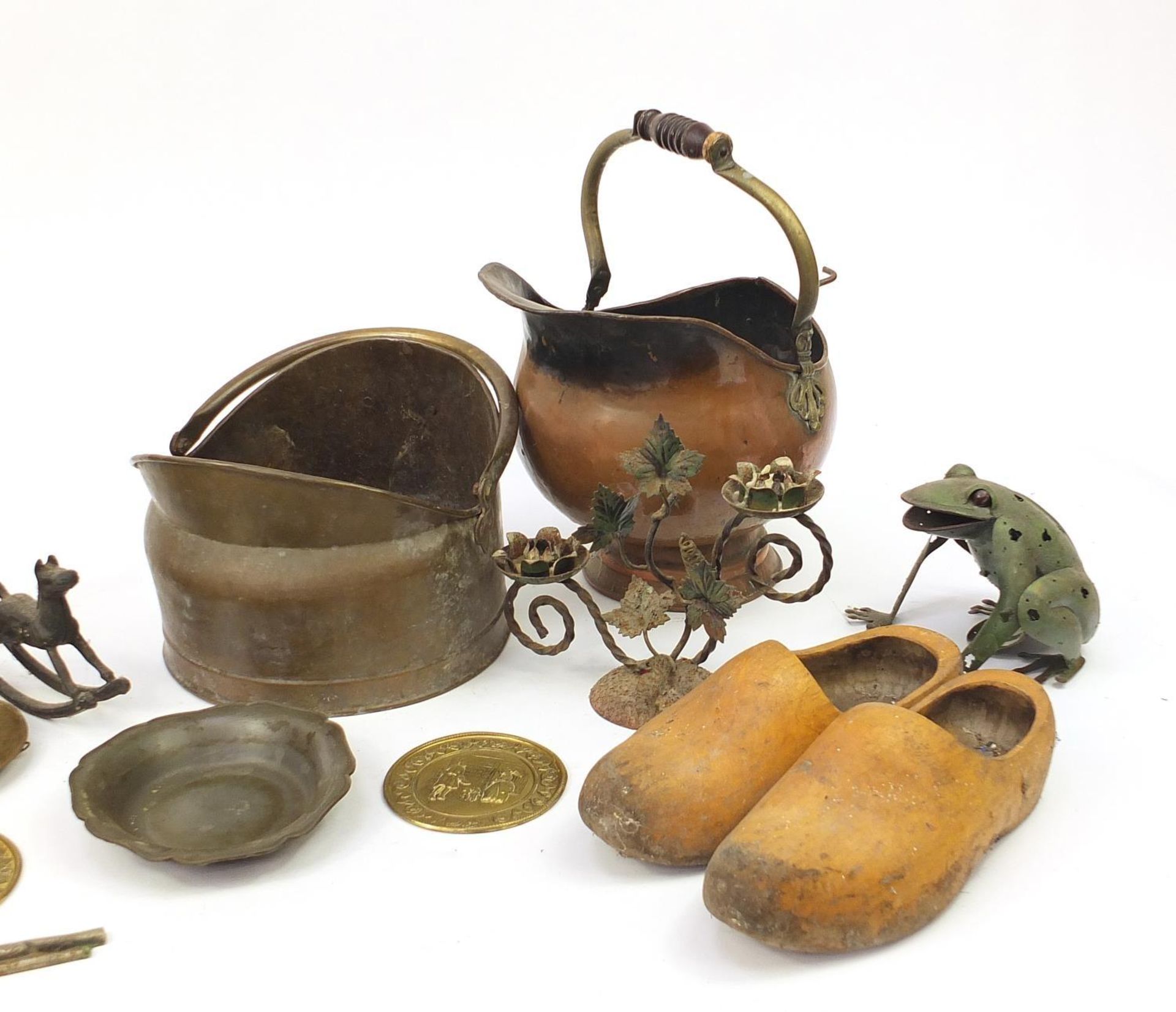 Metalware and wooden ware including a pair of Dutch clogs, embossed tavern plaques and two coal - Image 4 of 4
