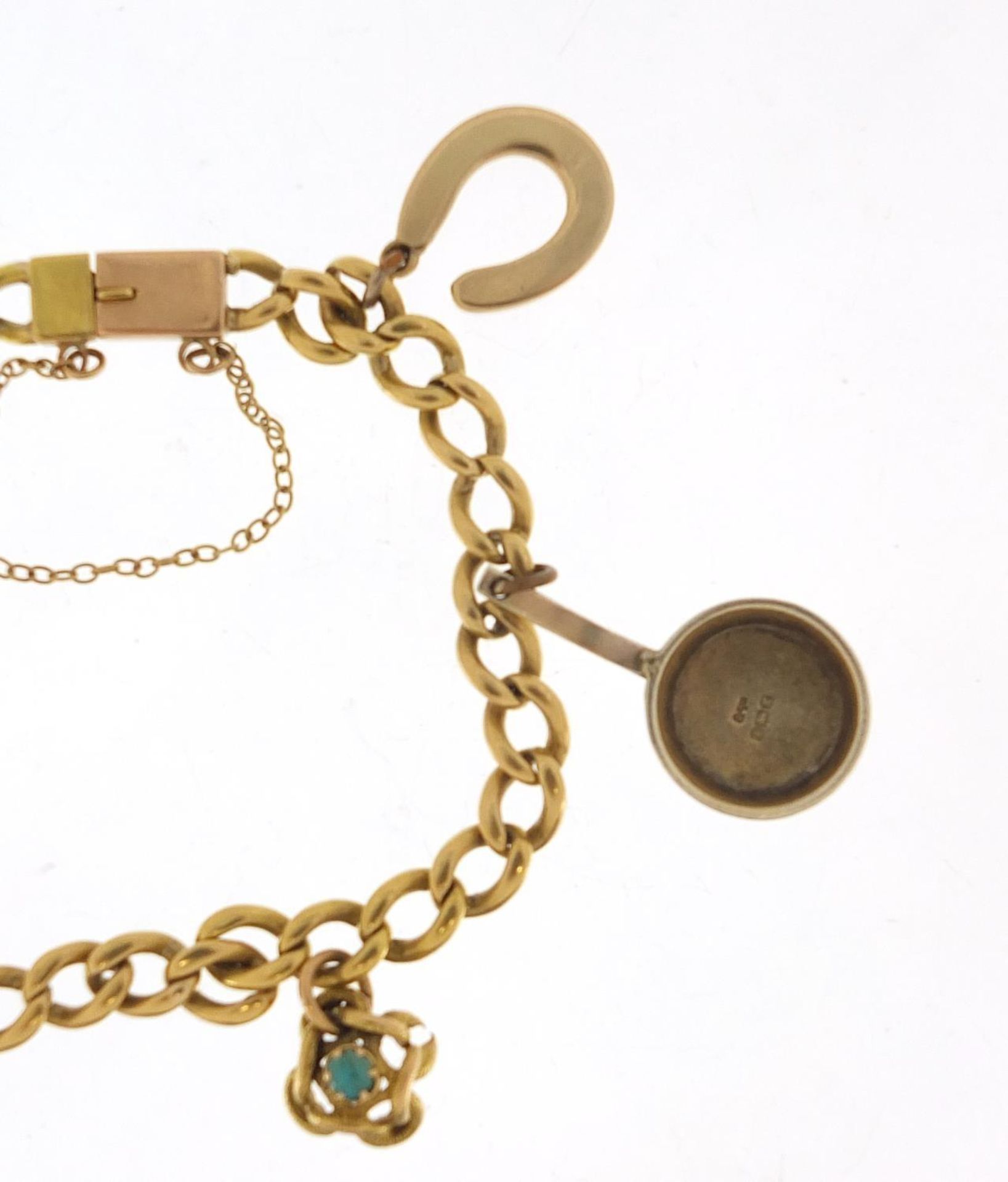 Unmarked gold bracelet with gold and silver charms, the bracelet tests as 18ct gold, total 23.0g : - Image 3 of 6