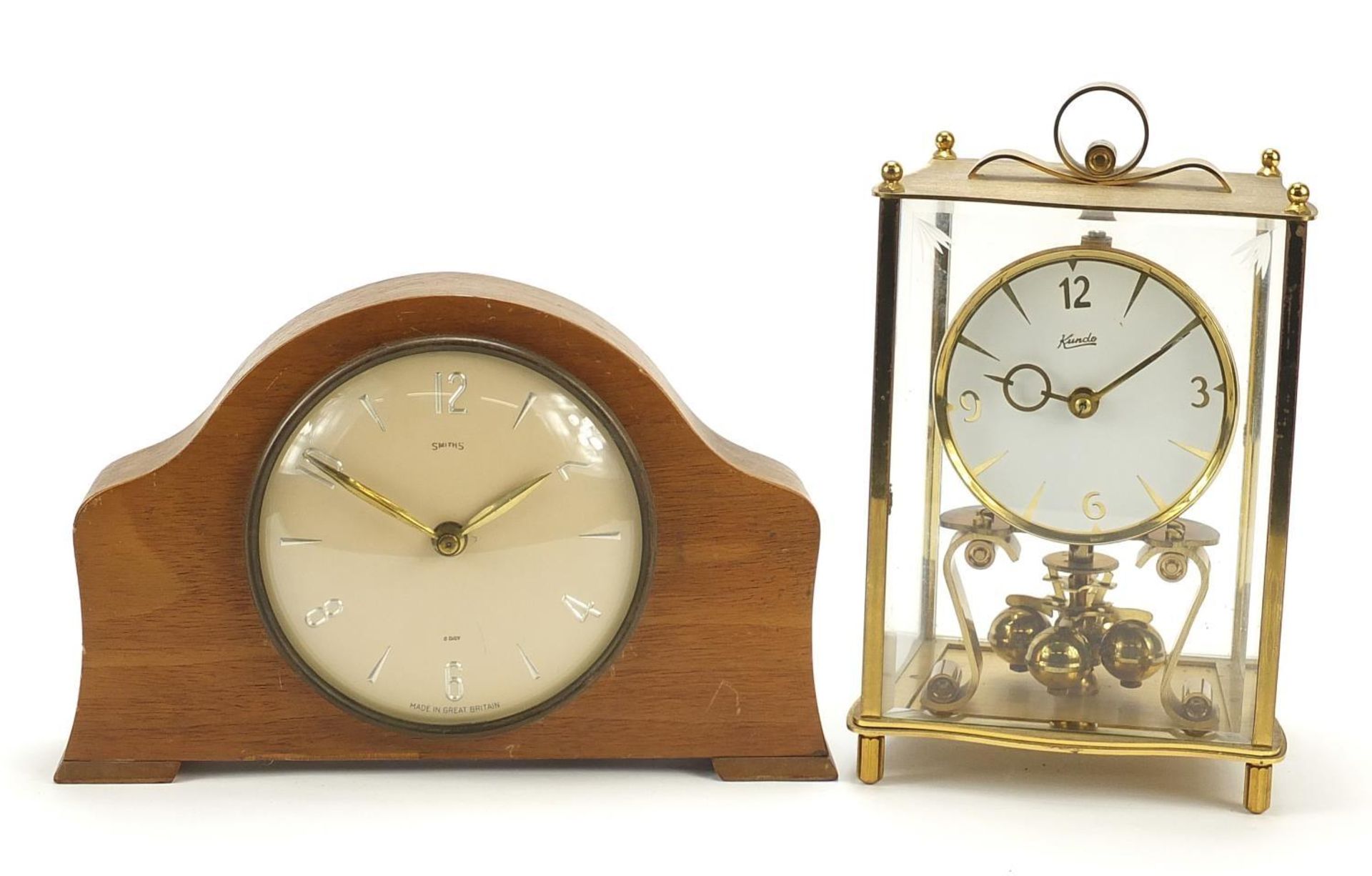 Smith's mantle clock and a Kundo anniversary clock, the largest 22cm high :