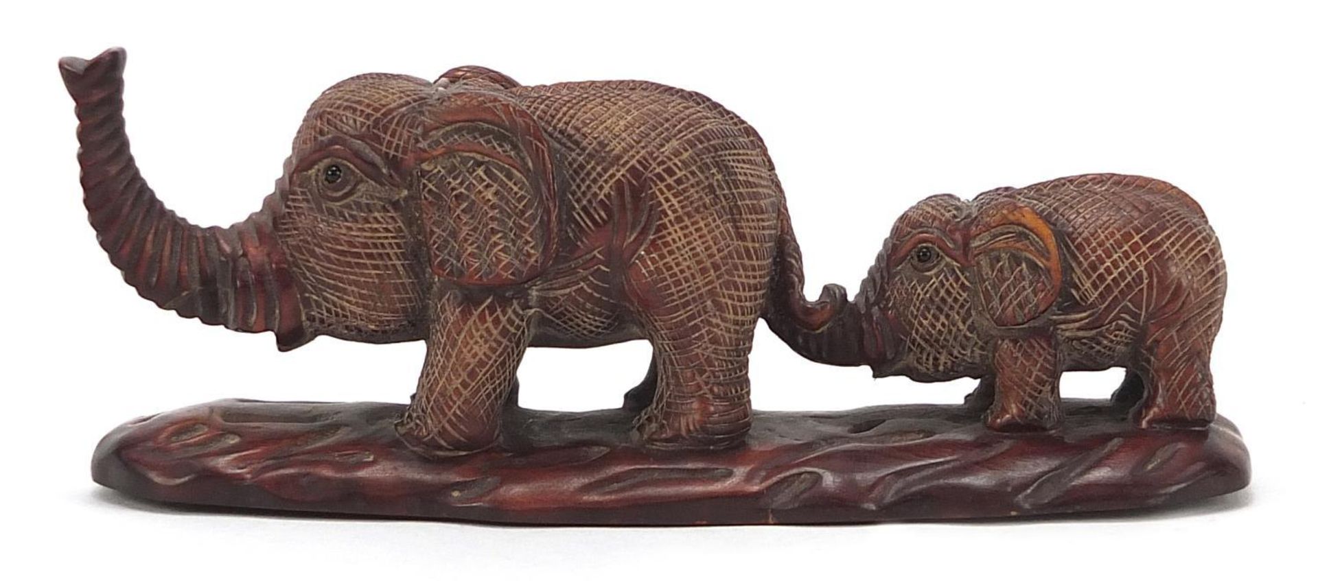 Japanese carved wood okimono of two elephants, inset mother of pearl plaque with character marks - Image 3 of 9