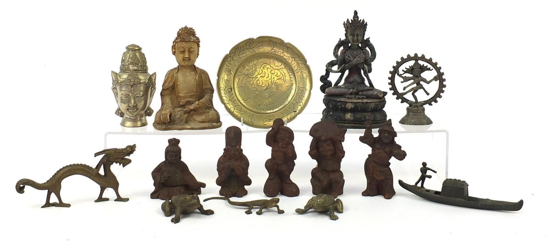Chinese and Indian objects including a bronzed Buddha, silvered Buddha head and a dragon, the