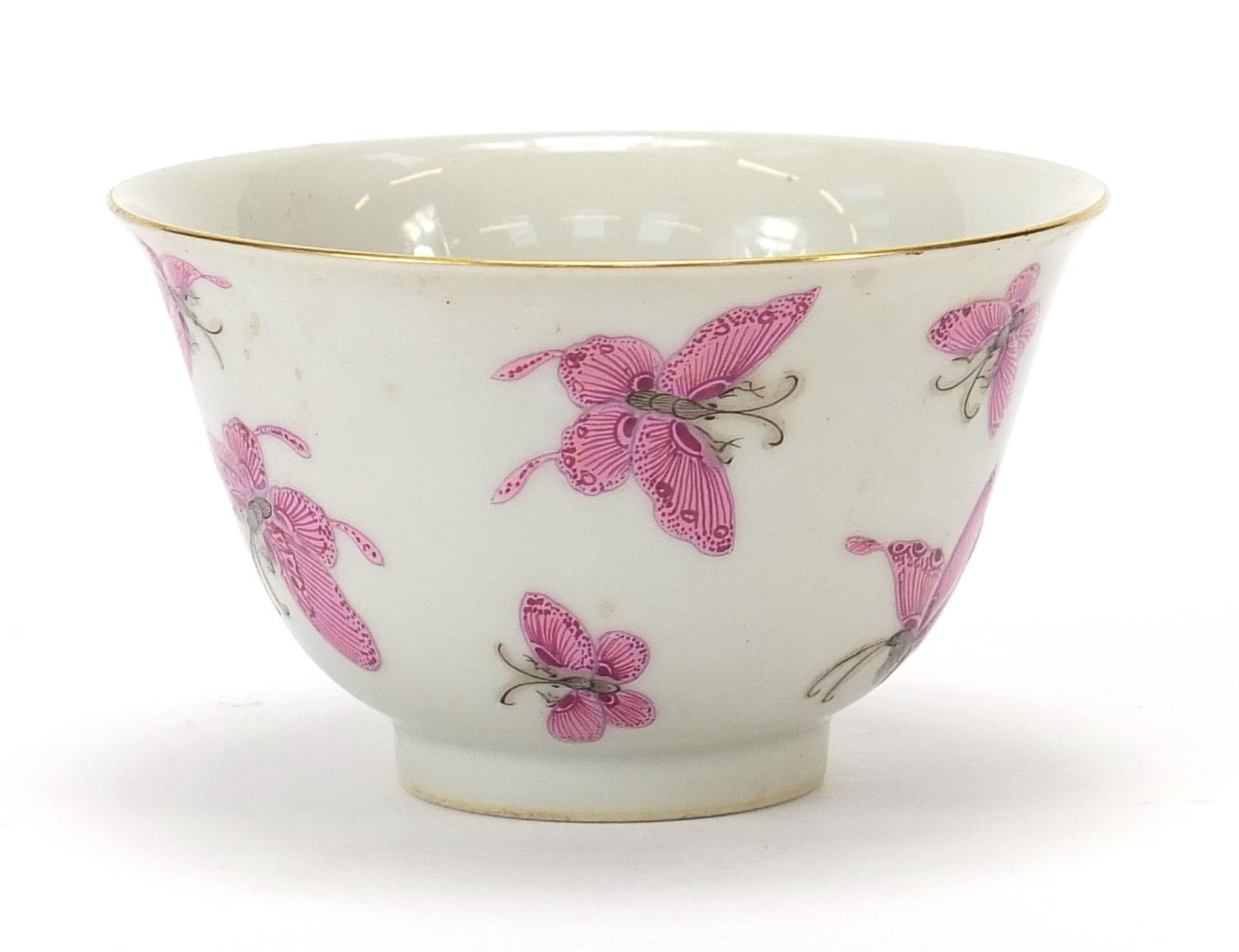 Good Chinese porcelain bowl finely hand painted in pink with butterflies, six figure character marks