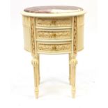 French style cream three drawer bedside chest with inset marble top, 70cm H x 50cm W x 38cm D :