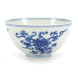Chinese blue and white porcelain bowl hand painted with flowers, six figure character marks to the