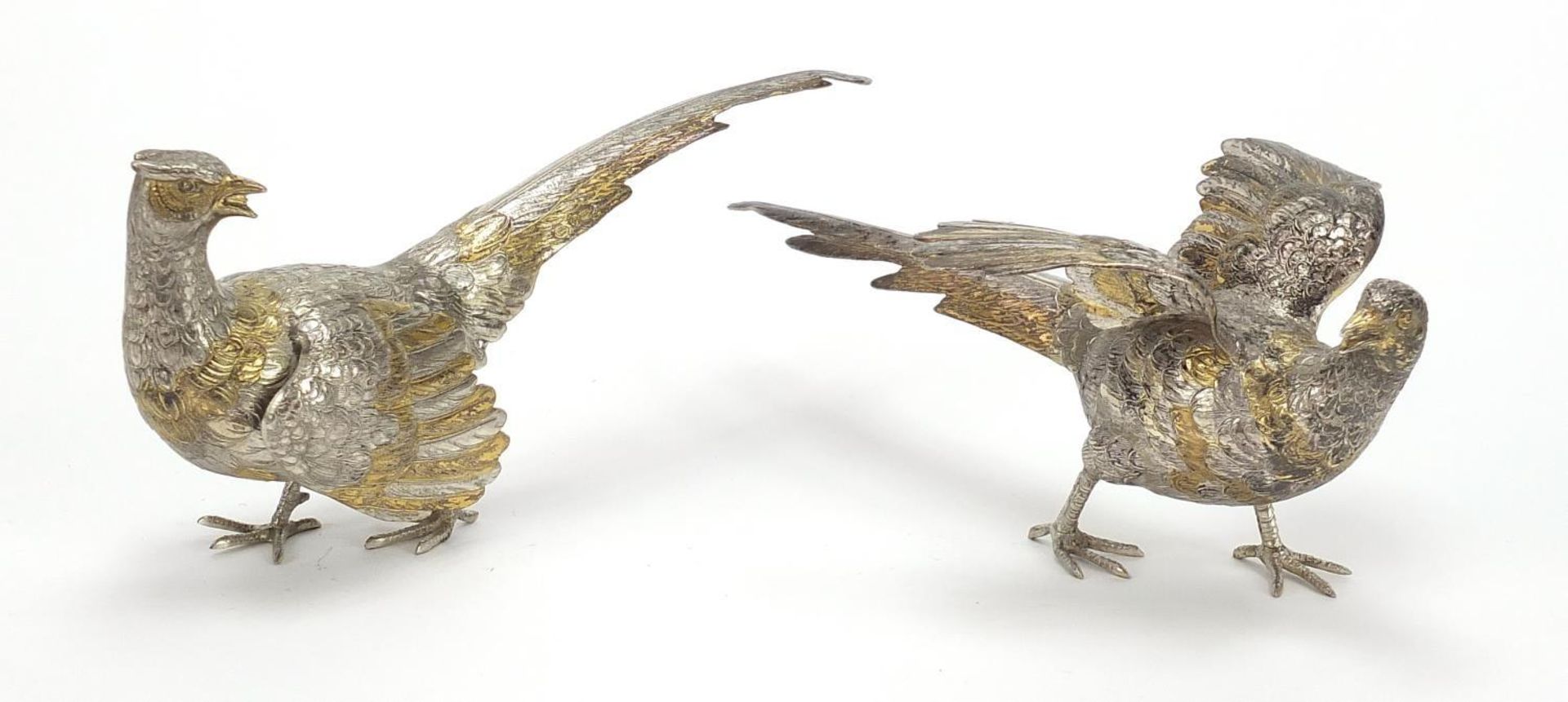 Israel Freeman & Son Ltd, pair of large partially gilt silver birds, London 1961, the largest 23.5cm - Image 2 of 7