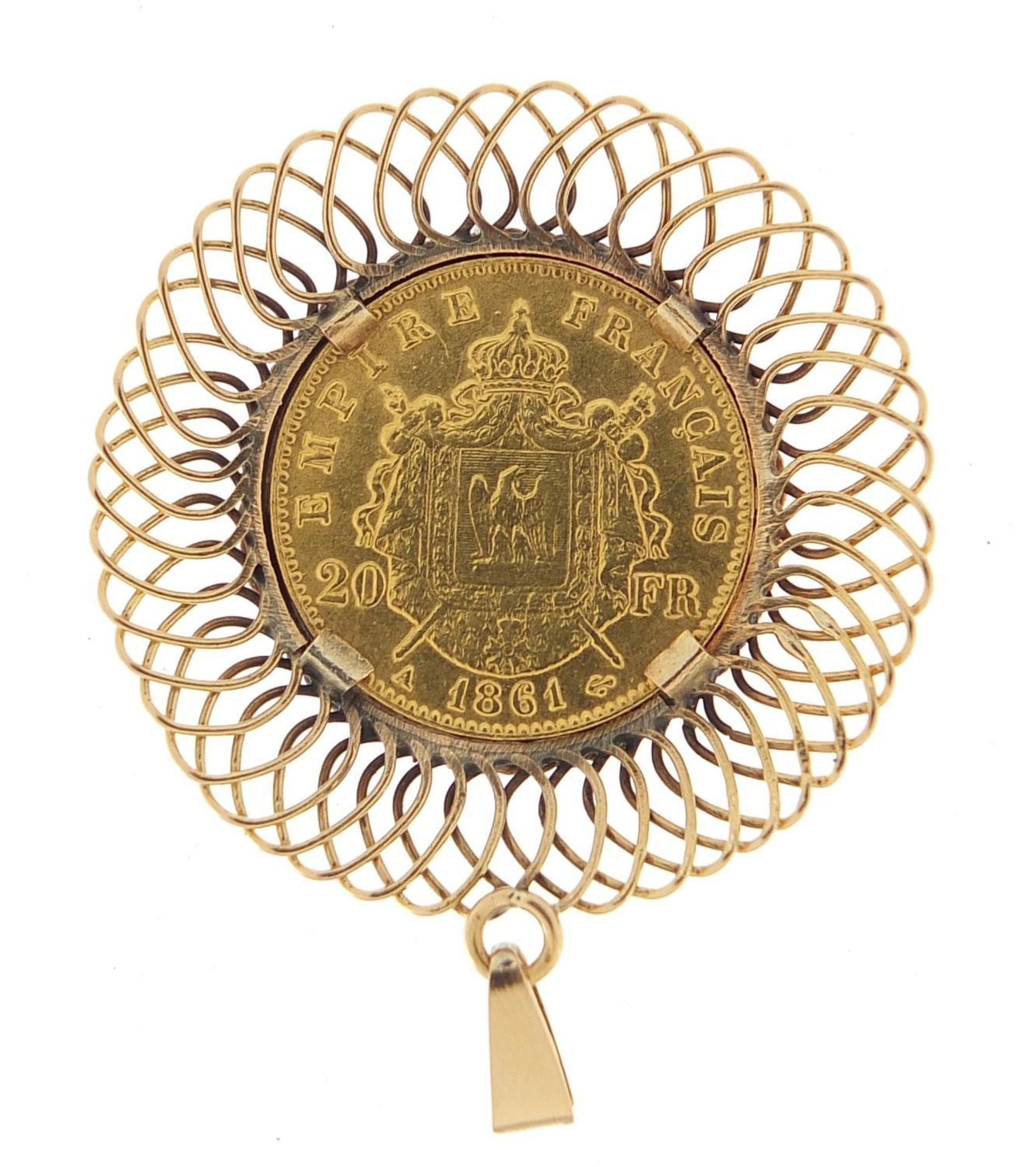 French 1861 twenty franc gold coin with unmarked gold pendant mount, (tests as 9ct gold) 4.5cm high, - Image 2 of 2