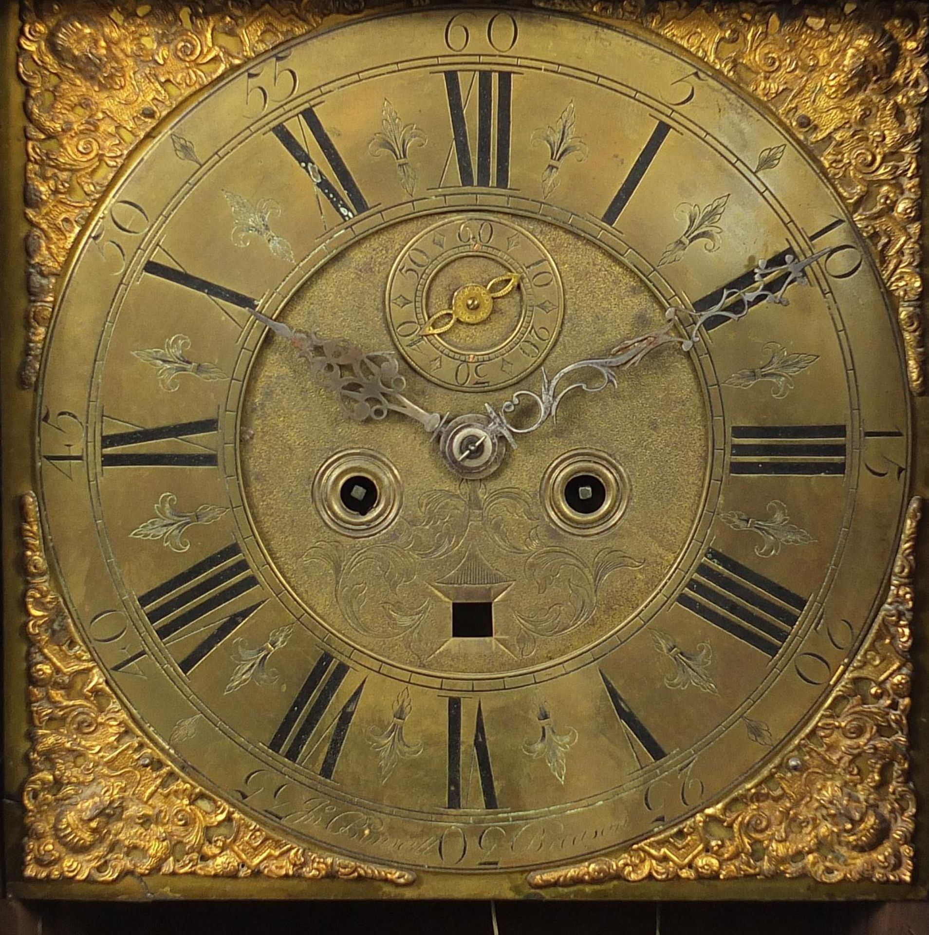 Early 19th century mahogany and oak longcase clock with brass face and subsidiary dial, the circular - Image 3 of 9