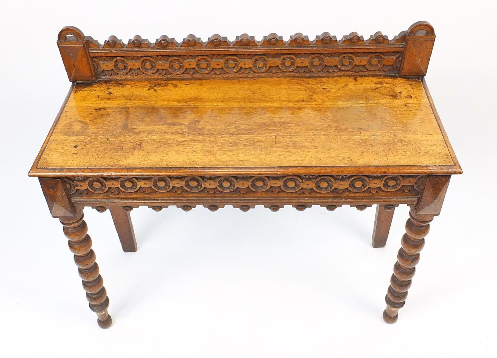 Victorian gothic style carved oak side table with bobbin turned legs, 95cm H x 107cm W x 44cm D : - Bild 3 aus 5