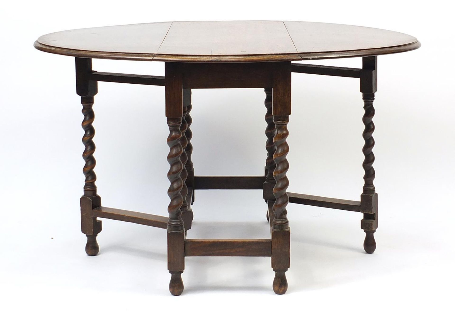 Oval oak gate leg table with barley twist legs, 73cm H x x 92cm W x 42cm D when closed : - Image 2 of 4