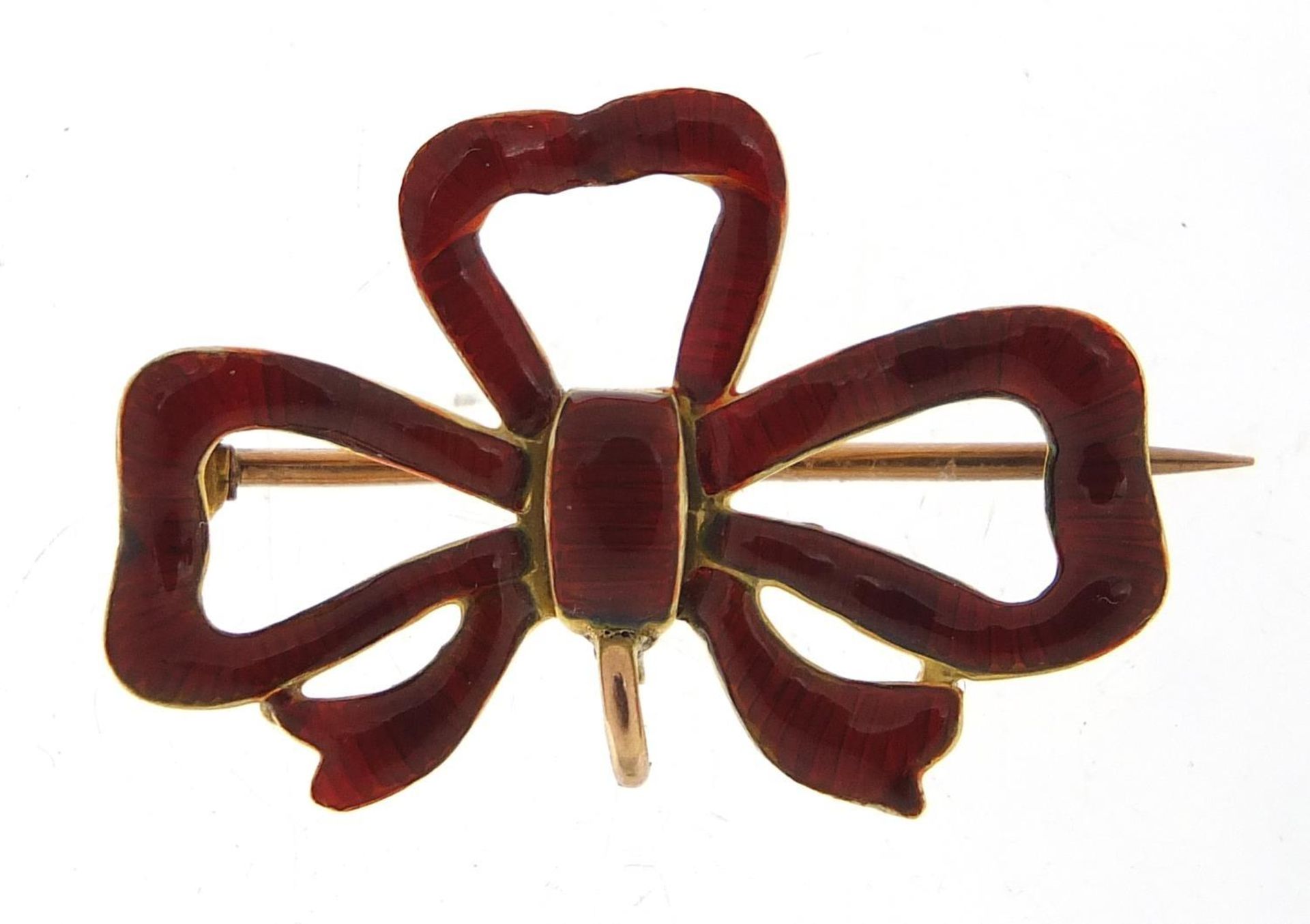 9ct gold and red enamel bow brooch, 3cm wide, 2.6g :