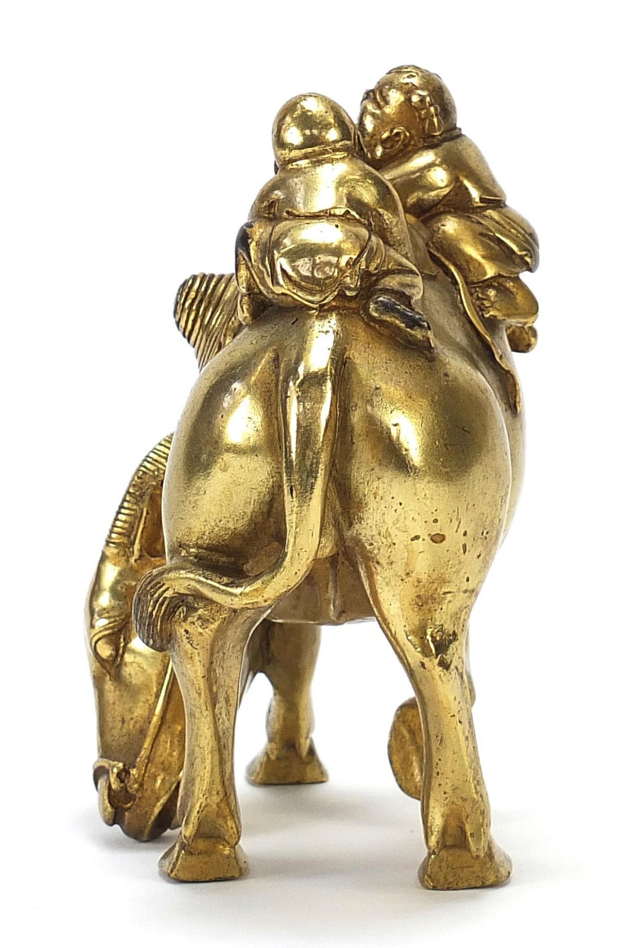 Chinese gilt bronze figure of two boys on a water buffalo, 14cm high : - Image 4 of 6