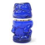Novelty blue glass biscuit barrel in the form of a dog with white metal mounts, 26cm high :
