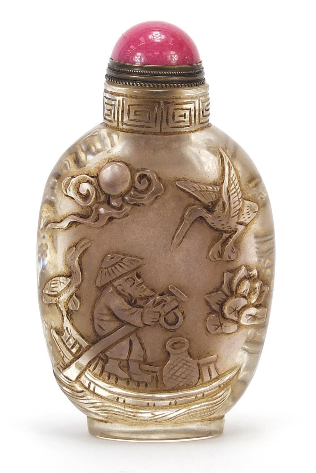 Chinese rock crystal snuff bottle with hardstone stopper carved with figures and birds, 9.5cm high :