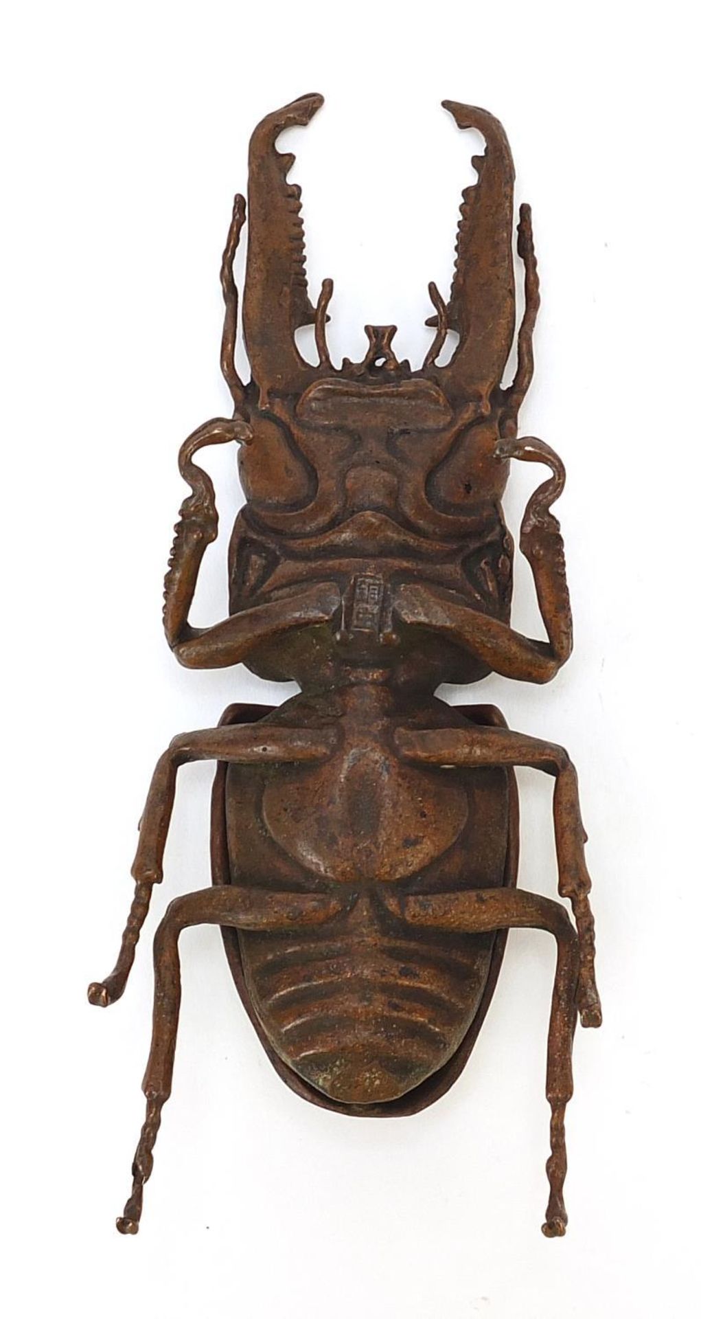 Large Japanese patinated bronze beetle with articulated back, impressed marks to the underside, 13. - Image 7 of 8