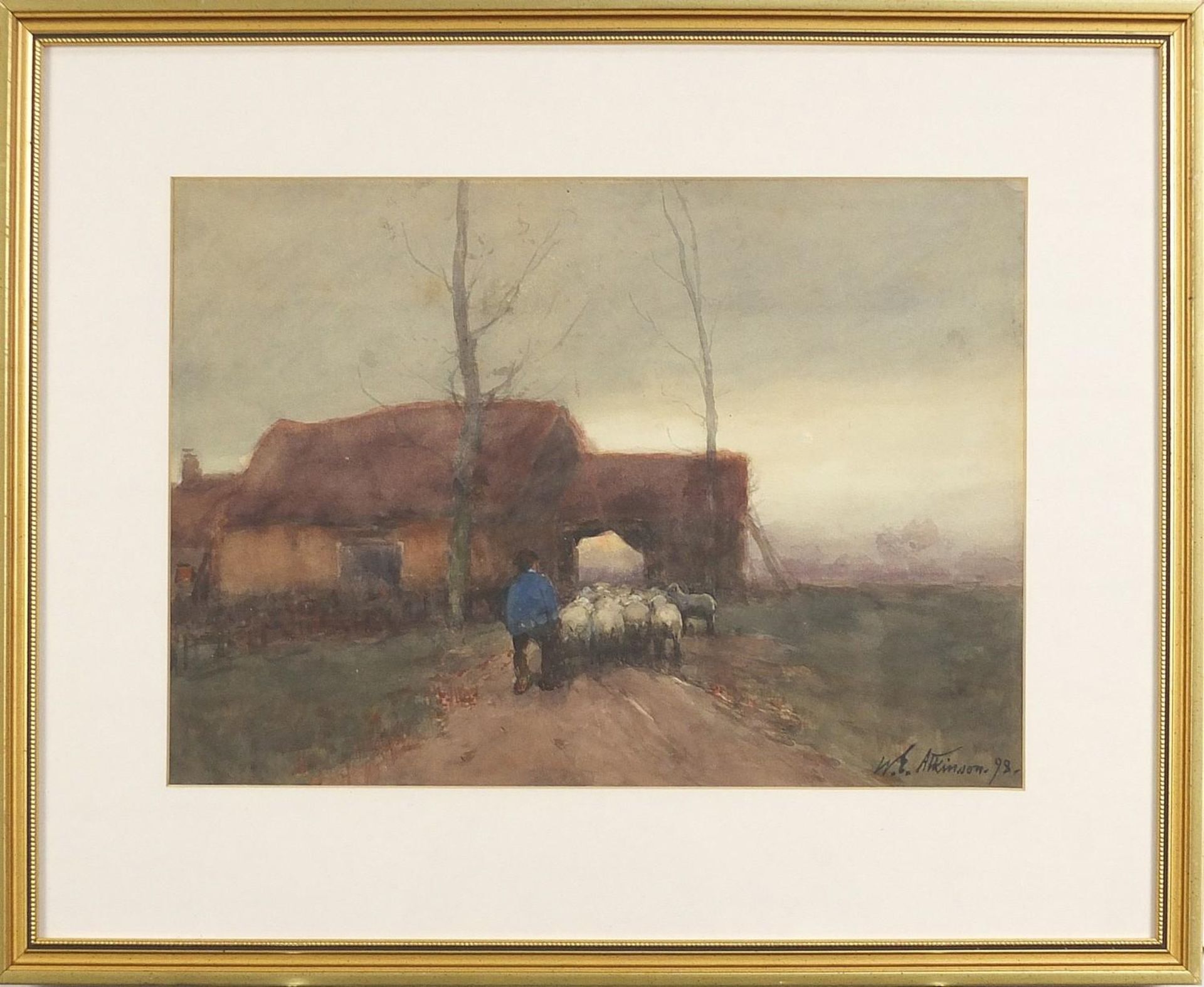 William Edwin Atkinson 1898 - Shepherd and sheep coming home, signed watercolour, mounted, framed - Image 2 of 4