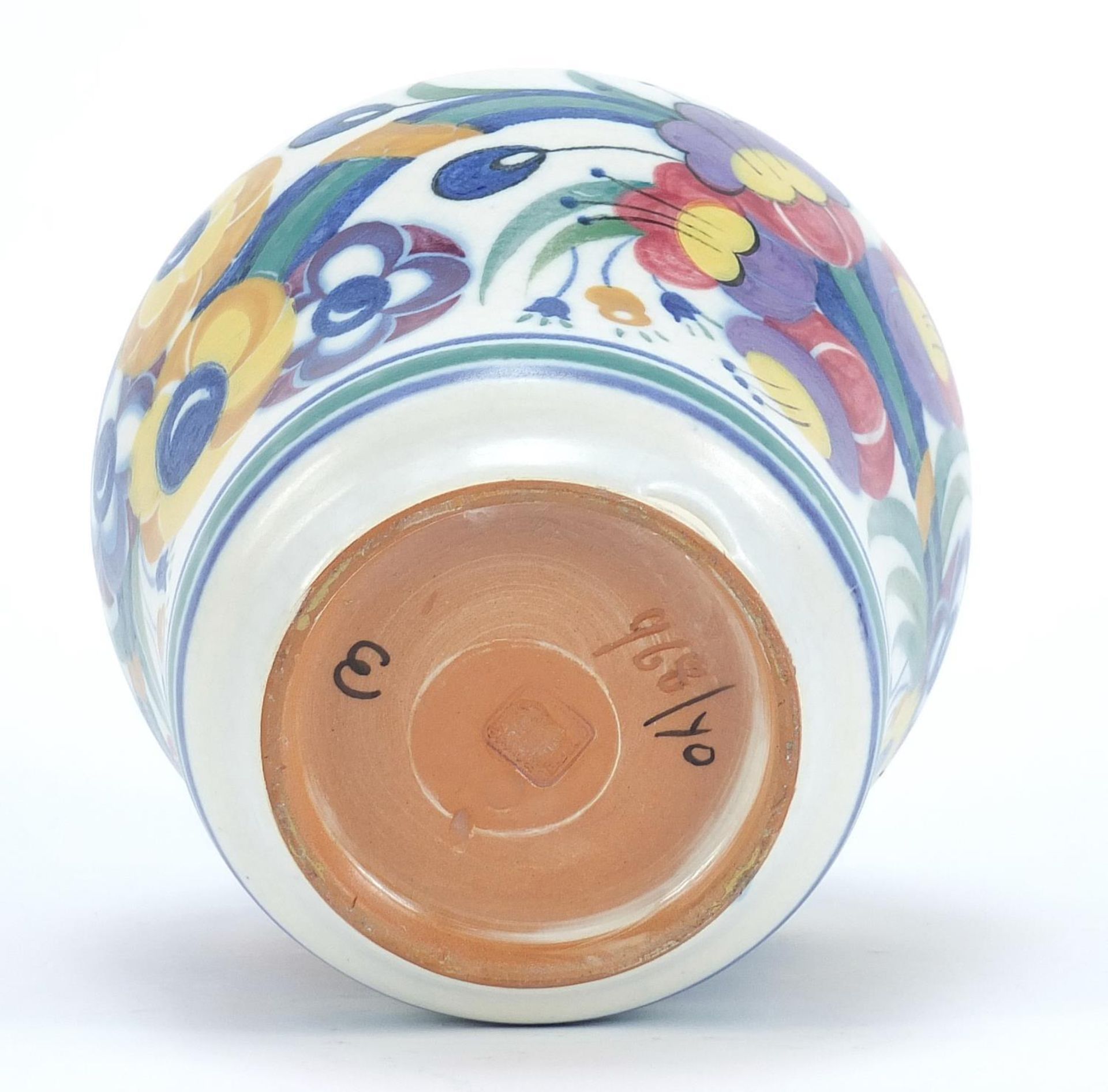 Poole Carter, Stabler & Adams baluster jar and cover, hand painted with flowers, 18cm high : - Image 4 of 5