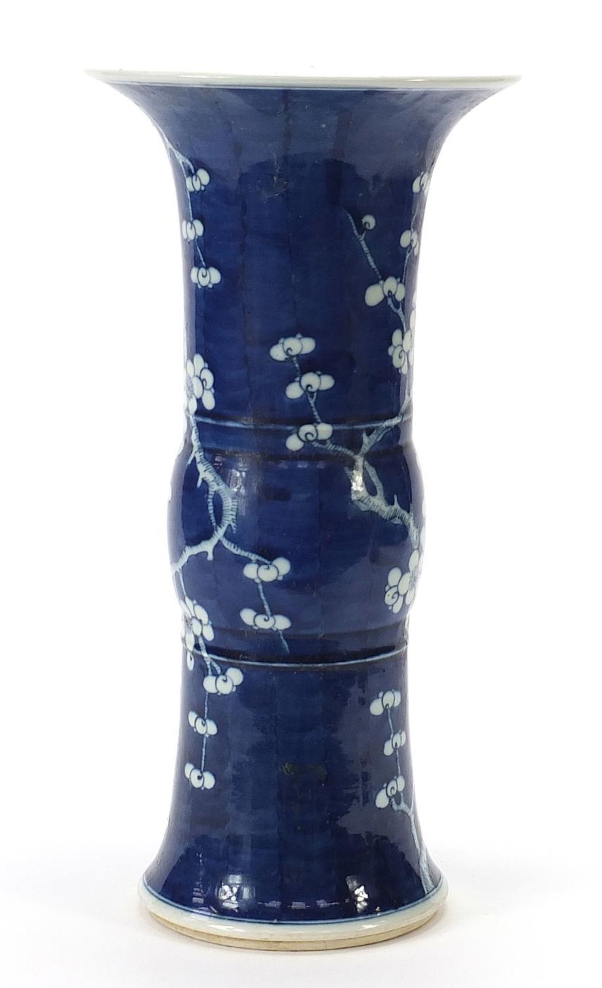 Large Chinese blue and white porcelain Gu beaker vase hand painted with prunus flowers, six figure - Image 4 of 8