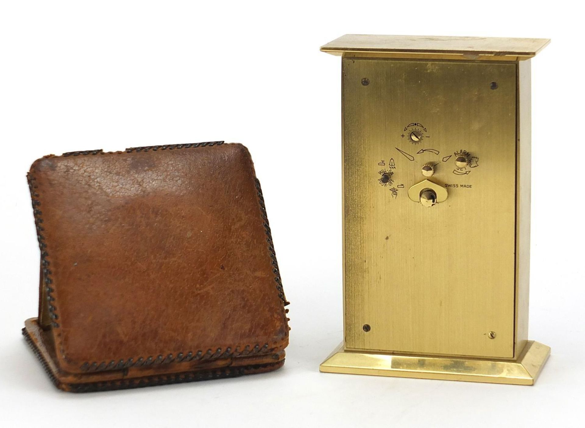 Swiza eight day desk clock and a leather cased travel clock, the largest 14.5cm high : - Image 2 of 3