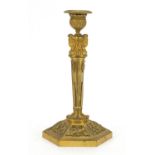 Antique French Louis XVI style ormolu candlestick with masks and feet, 28cm high :